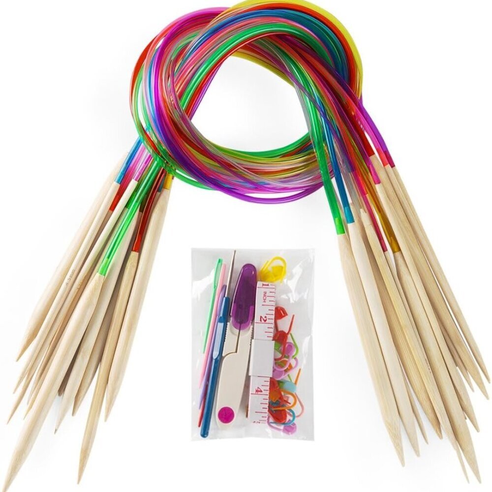 18 Pairs Bamboo Knitting Needles Set, Circular Wooden Knitting Needles with Colo